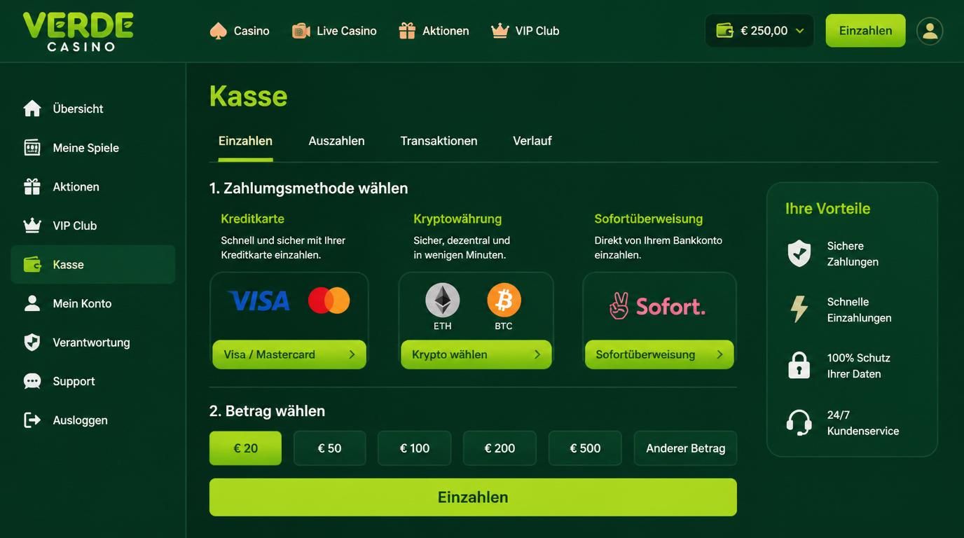 Bildschirm der Casinokasse mit verschiedenen Einzahlungsmethoden