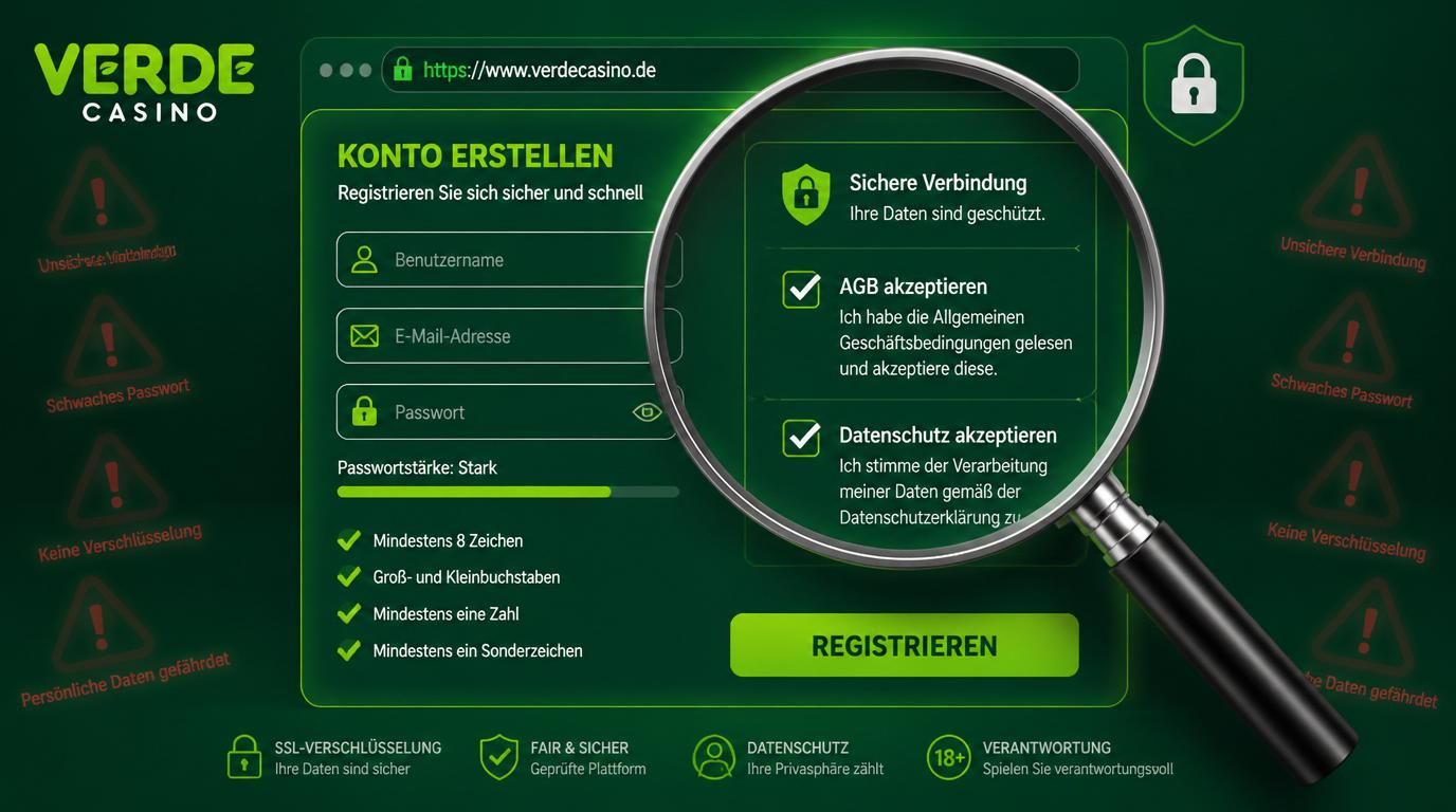 Anmeldung im Verde Casino mit Fokus auf Sicherheit und sichtbare Prüfungspunkte.
