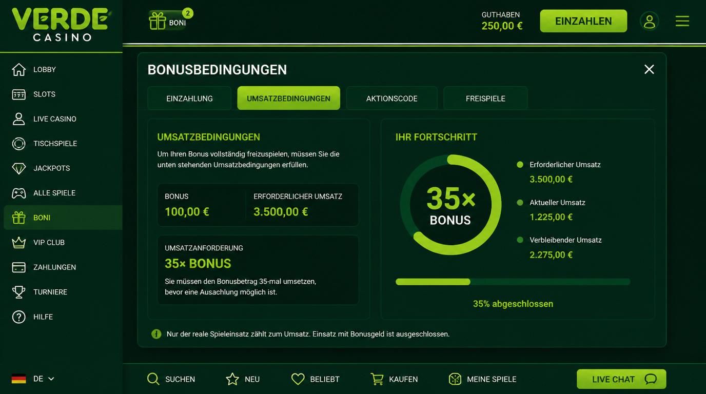 Ein Spieler überprüft Umsatzbedingungen auf einem Bildschirm mit Kampagneninfos und Zahlen „35× Bonus“.