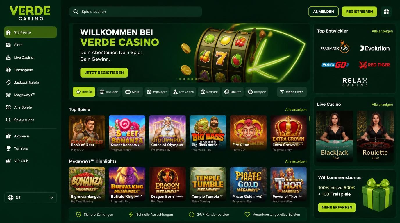 Bild des Spielportfolios mit Spielen wie Blackjack, Rouletted und Slots in einer deutschen Casino-Oberfläche mit Filteroptionen. Das Portfolio zeigt Vielfalt und Interface-Design.