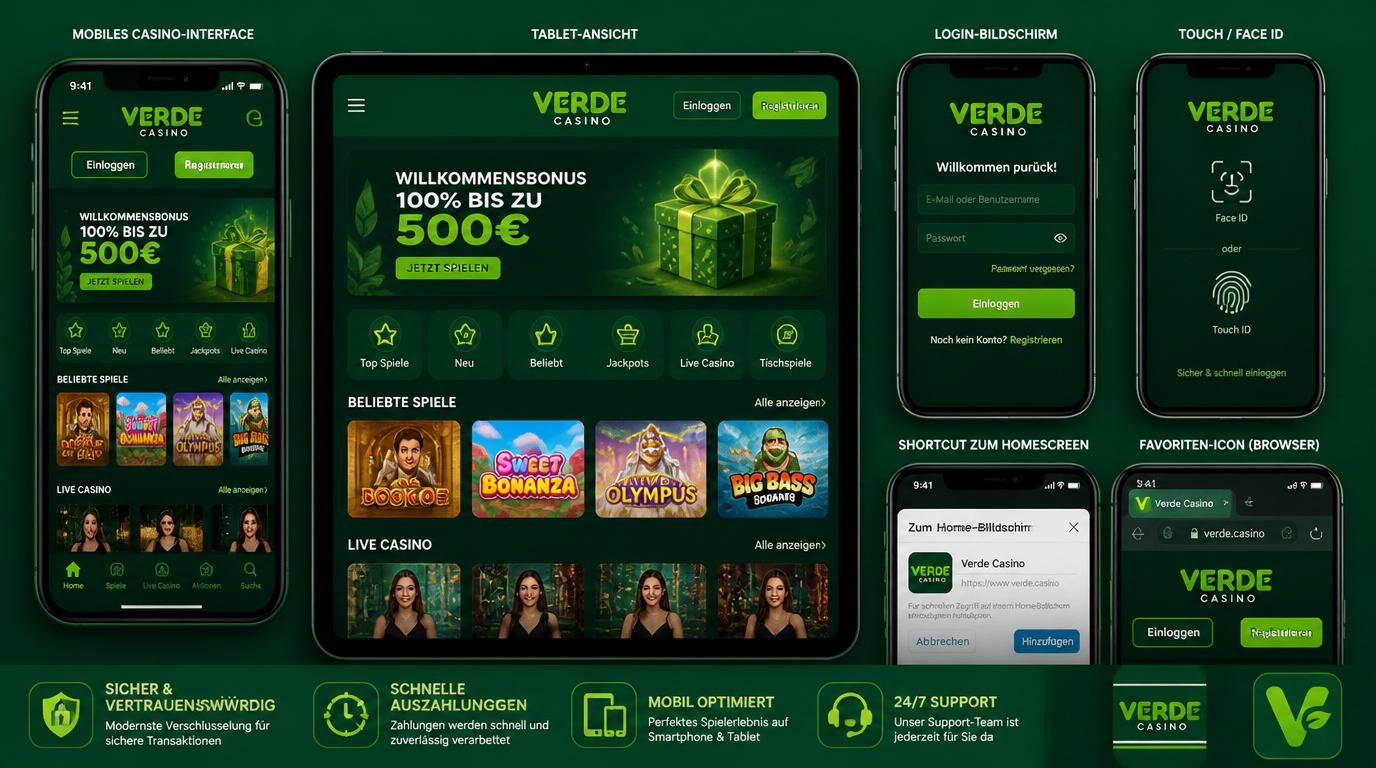 Mobiles Interface beim Verde Casino, zeigt App- oder Browser-Erlebnis mobil mit Login und Favoriten.