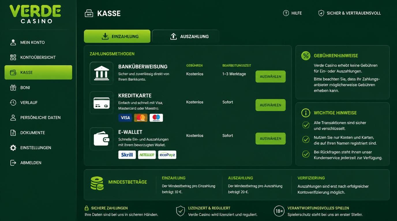 Kassenbereich mit Methoden und Gebührenhinweisen, zeigt Transparenz bei Ein- und Auszahlungen.