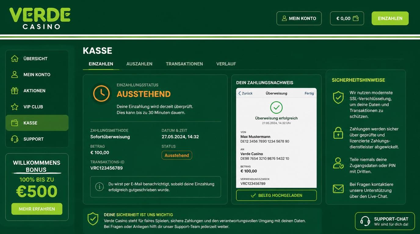 Einzahlungsstatus ausstehend mit Sicherheitshinweisen und Supportmöglichkeit: Geld ist sicher.